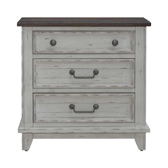 River Place 3 Drawer Nightstand with Charging Station in Riverstone White and Tobacco