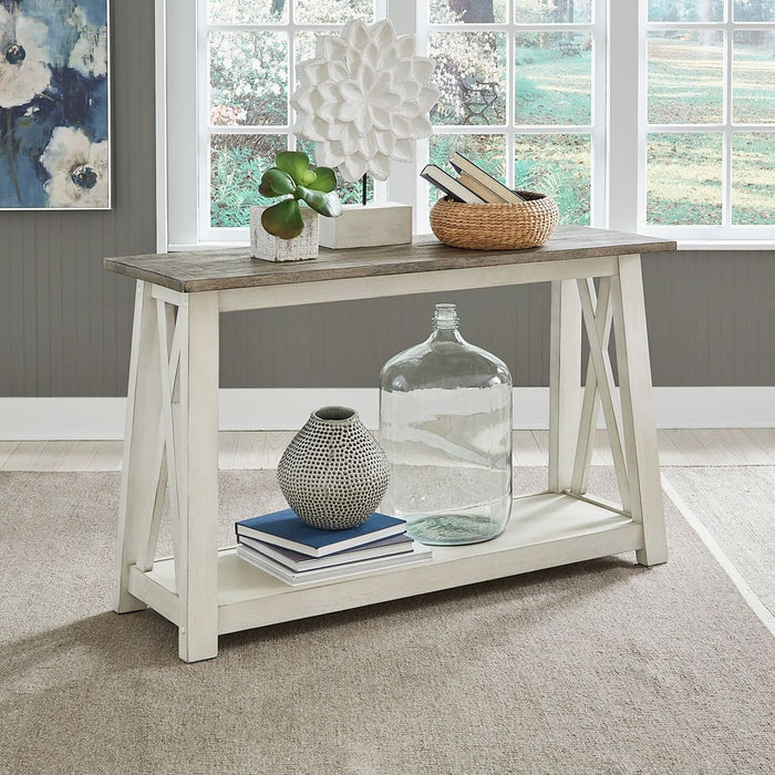 Liberty Furniture Laurel Bluff Sofa Table in Antique White with Dusty Gray Top