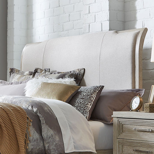 Liberty Furniture Belmar Queen Upholstered Sleigh Bed in Washed Taupe and Silver Champagne image