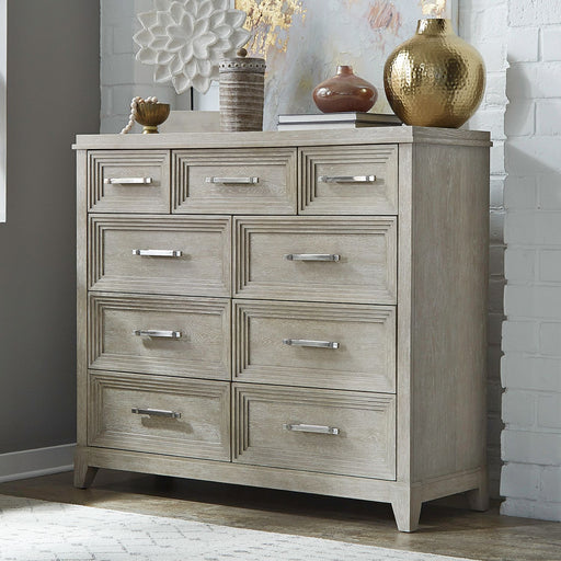 Liberty Furniture Belmar 9 Drawer Bureau Dresser in Washed Taupe and Silver Champagne image
