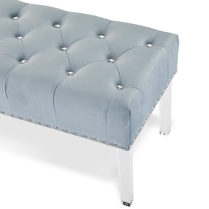 VIVIAN LIGHT BLUE VELVET BENCH WITH CRYSTAL BUTTONS